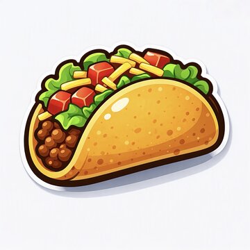 Taco sticker with beef cheese lettuce and tomato cartoon illustration vector isolated on white background