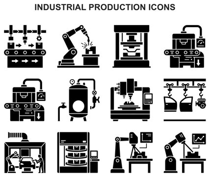 production manufacturing icons industrial assembly line conveyor factory automation robot process industry symbol vector set glyph black silhouette