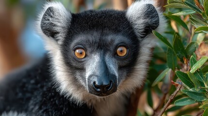 Fototapeta premium This mesmerizing portrait showcases a Black-and-white ruffed lemur, its striking amber eyes and unique fur pattern creating an unforgettable primate encounter in the forest