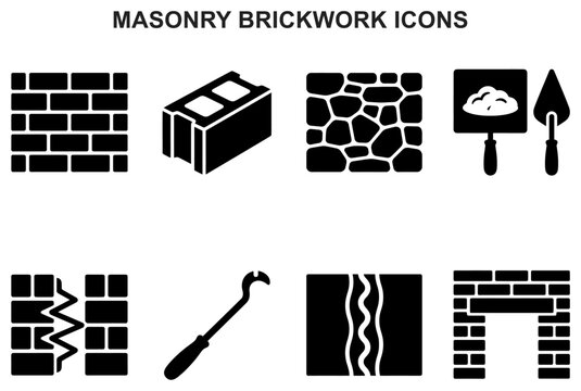 masonry brickwork icons brick wall trowel mortar cement block builder construction stonework symbol vector set glyph black silhouette