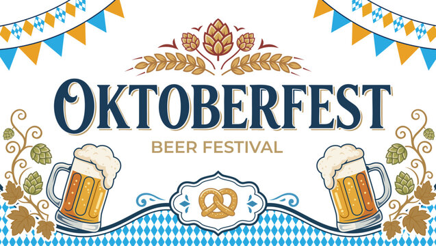 Oktoberfest beer festival banner with mugs, pretzel and hop decorations
