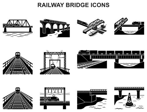 railway bridge icons train railroad trestle viaduct track transport transit infrastructure overpass symbol vector set glyph black silhouette
