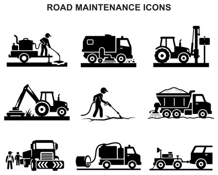 road maintenance icons repair asphalt pothole highway sweeper construction worker fixing street symbol vector set glyph black silhouette