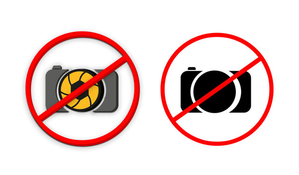 Set of no photography allowed sign with black and colour camera icon on red circle border isolated on transparent png background