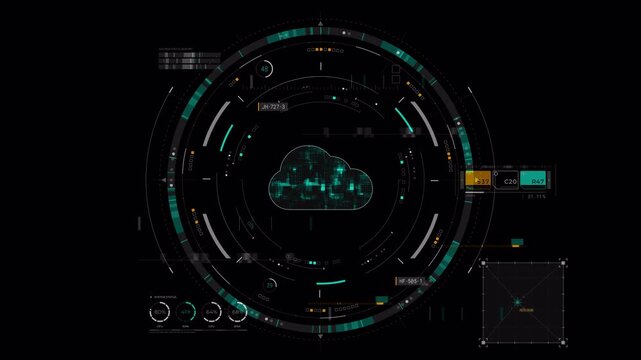 Motion graphic of a futuristic cloud computing HUD interface featuring digital network connections and data storage analytics, designed for technology backgrounds.