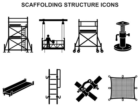 scaffolding structure icons scaffold tower platform framework construction staging builder ladder site symbol vector set glyph black silhouette