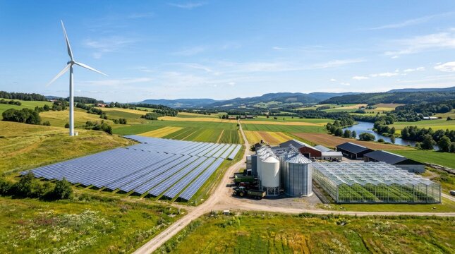 Aerial View of Sustainable Farm with Wind Turbine and Solar Panels.