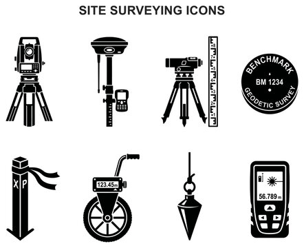 surveying site icons theodolite tripod surveyor geodesy measuring topography level mapping engineering symbol vector set glyph black silhouette