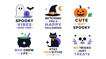 Fototapeta premium Halloween Cartoon Character Icons Set Featuring Ghost Pumpkin Skull.