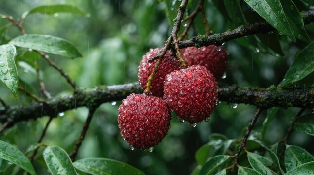 A branch of a lychee tree is covered in raindrops.