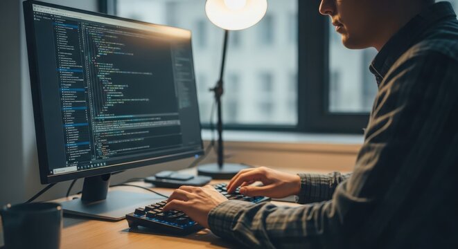 Faceless developer focused on coding on a computer at a desk with a desk lamp and window view