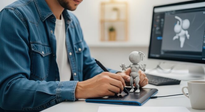 Faceless digital artist using a drawing tablet and stylus to create a 3D character figure