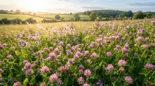 A vibrant field of wildflowers stretches across a rolling landscape under a warm, golden sunrise.