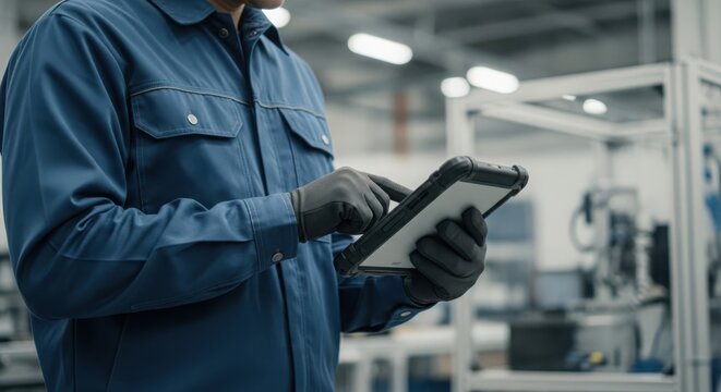 Faceless industrial technician wearing blue uniform and gloves using a rugged tablet device in a factory setting