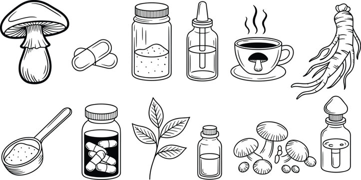 Medicinal mushrooms and adaptogen herbal supplement icons set with reishi ginseng powder tincture and coffee vector
