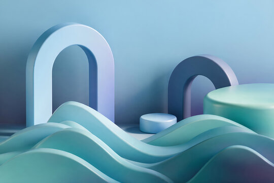 Modern Abstract 3D Geometric Shapes Background in Soft Blue and Teal Colors