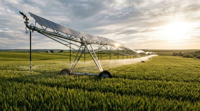 Center pivot irrigation system watering a green wheat field at sunset.