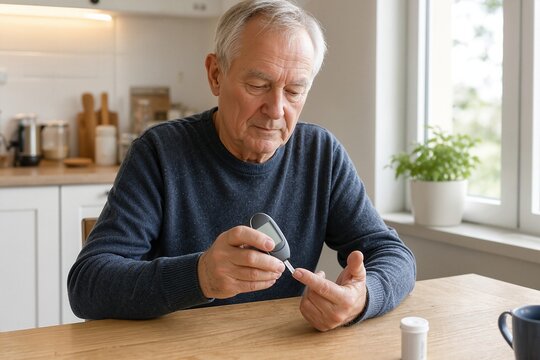 Senior man using glucometer to check blood sugar level in kitchen. Diabetes management involves intricate details like insulin injection and glucose monitoring.