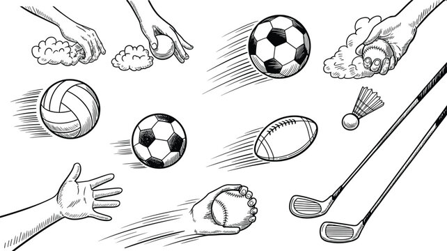 Sports equipment and hand throwing ball sketch set with soccer football baseball volleyball golf and badminton vector