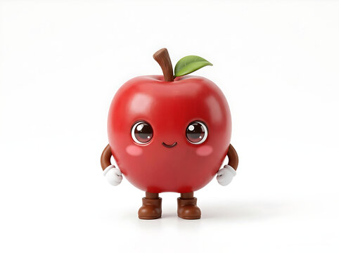 Adorable 3D render of a cute cartoon red apple character. Shiny bright red apple with smooth glossy skin, brown stem and one green leaf on top. It has big sparkling brown eyes, soft pink blush cheeks,