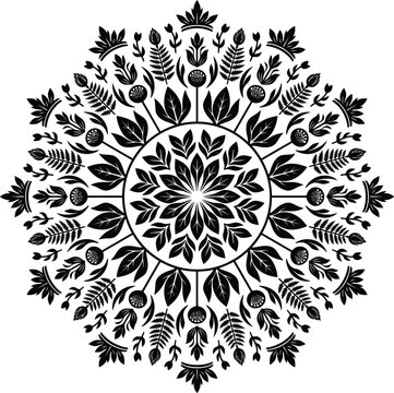 Intricate black floral mandala pattern with symmetrical leaf design Vector