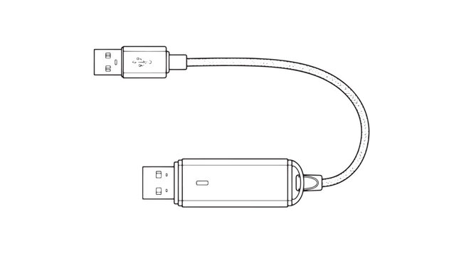 Minimalist USB cable vector illustration, digital flash drive and connector line art, computer hardware peripheral icon for tech manuals