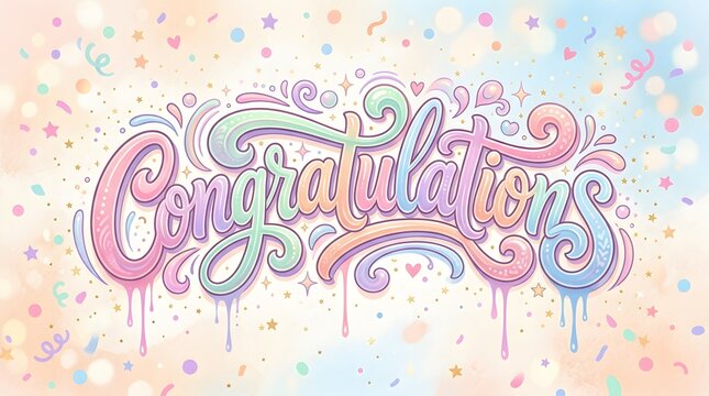 Soft pastel graffiti lettering spelling Congratulations, decorated with playful swirls, confetti, and delicate pink and purple tones for a cheerful celebration.