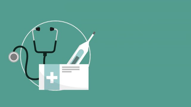 Animated medical elements like stethoscope, thermometer, and prescription box appear on teal background.