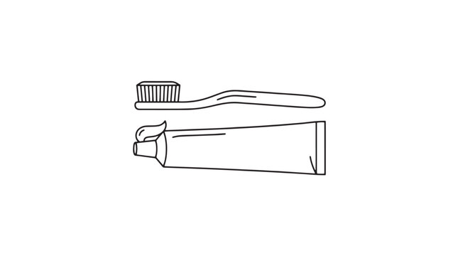 Minimalist toothbrush and toothpaste tube vector, dental hygiene line art illustration, oral care bathroom essentials icon