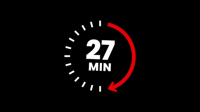 Countdown timer icons for 27 minutes in circular arrow animation. circle arrow refresh icon with 27 min timer icon animation. Timer 27 minutes countdown clock with circular arrow. 4k video