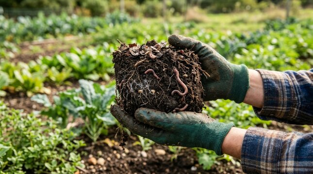 Hands holding nutrient rich compost soil with earthworms in a vegetable garden.