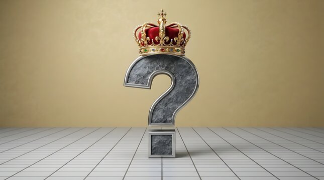 A large, three-dimensional question mark symbol made of grey stone with a metallic border, topped with a golden royal crown, on a tiled floor