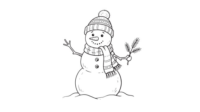 Hand-drawn snowman vector illustration, winter holiday coloring page character, cute snowman with hat and scarf line art