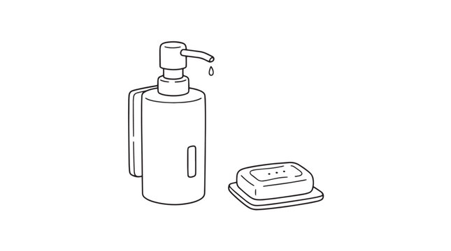 Minimalist liquid soap dispenser and bar soap vector, bathroom hygiene accessories line art, hand wash sanitation icons
