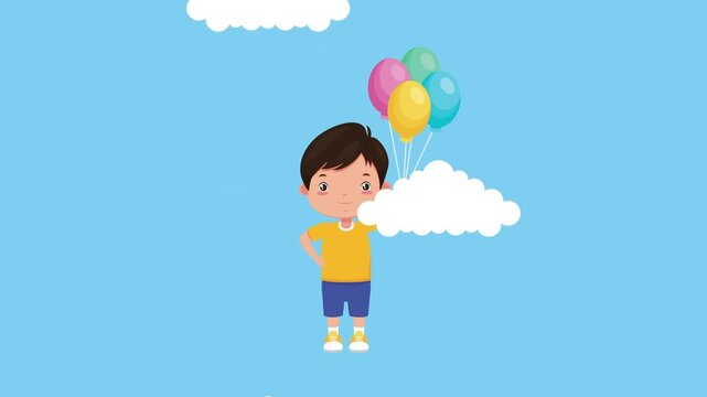 Happy little boy animation with colorful balloons on a light blue sky with moving clouds dynamic motion footage.
