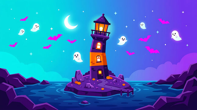 Halloween lighthouse on rocky island with ghosts and purple bats in starry night
