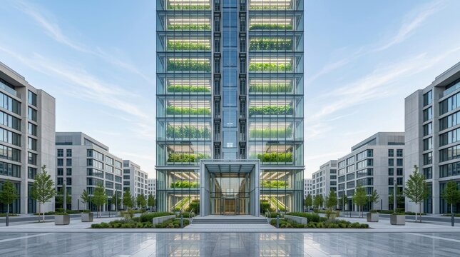 Modern architectural glass tower with integrated vertical greenery and office complex plaza.