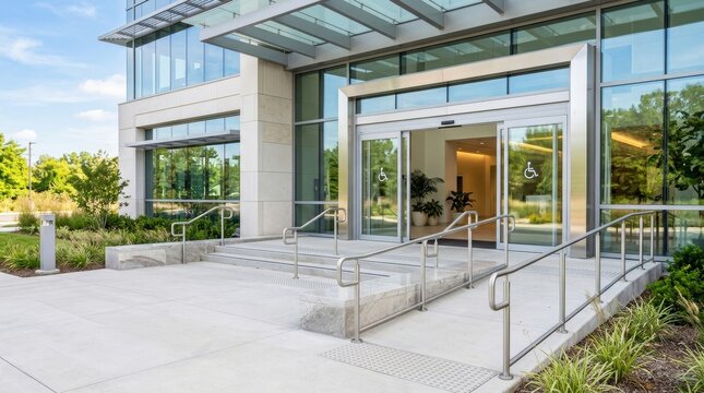 Modern glass office building entrance with accessible ramp and stairs.