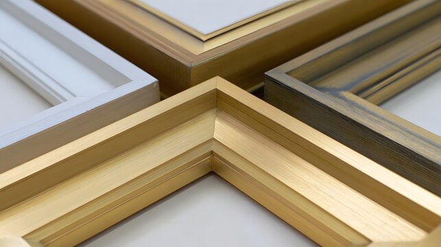 Close up of multiple picture frames with gold and white finishes arranged in a corner  showcasing clean lines and craftsmanship