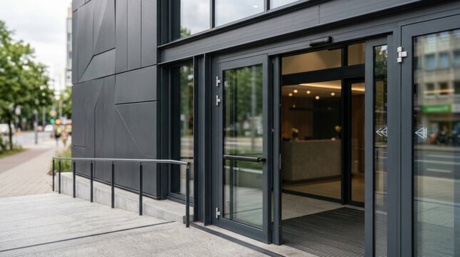 Modern office building entrance with glass automatic doors and dark metal facade.
