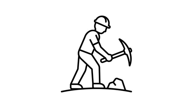 Coal miner line icon showing worker digging with a pickaxe tool.