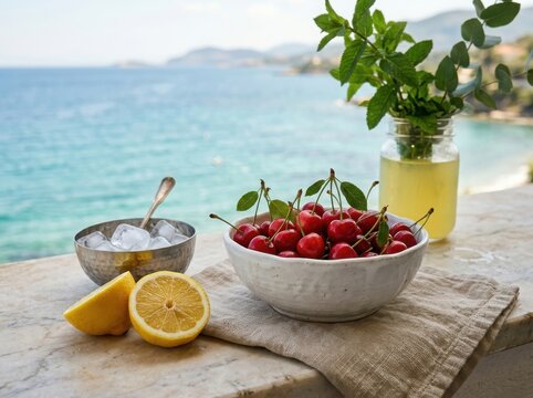 Fresh cherries and lemons by the sea , Harvest picking season, Fresh healthy fruits.