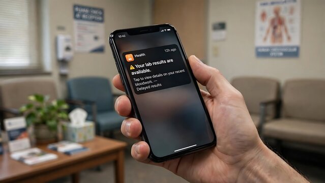 Patient Receives Lab Results Notification on Smartphone in Medical Clinic Waiting Room