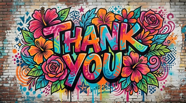 Colorful graffiti lettering expressing Thank You, decorated with vibrant flowers, leaves, and playful botanical elements on a bright artistic background.