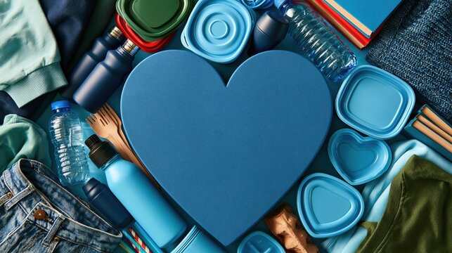 A blue heart shape rests centrally amidst a collection of various plastic items and textile garments to symbolize environmental awareness and the urgent need for responsible consumer waste