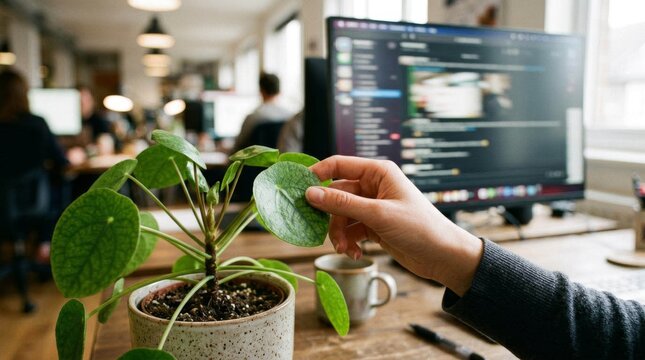 Office worker touching a small green houseplant on a wooden desk with computer monitors in the background.