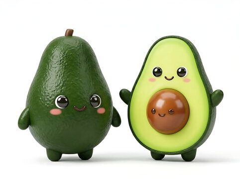 Adorable 3D render of two cute cartoon avocado characters. Left: whole dark green avocado with textured skin, small brown stem, big sparkling eyes, pink blush cheeks, and a sweet smile. Right: half av