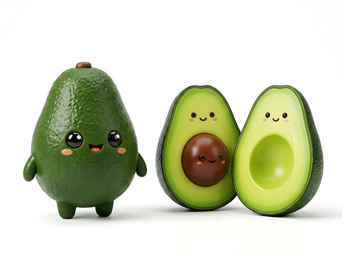 Adorable 3D render of two cute cartoon avocado characters. Left: whole dark green avocado with textured skin, small brown stem, big sparkling eyes, pink blush cheeks, and a sweet smile. Right: half av