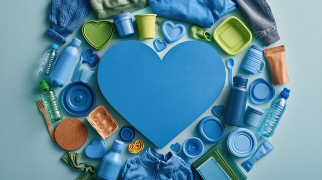 An assortment of assorted household plastic items and clothing articles are arranged to form a large symbolic emblem representing genuine environmental care and the urgent necessity for global