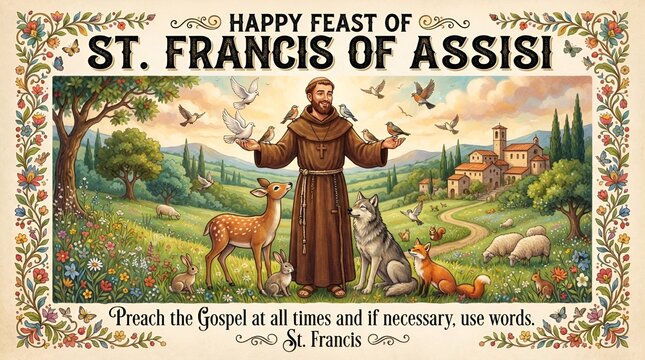  detailed vector illustration depicts saint francis of assisi surrounded by animals and lush foliage celebrating a religious feast saintfrancisofassisi religiousfigure